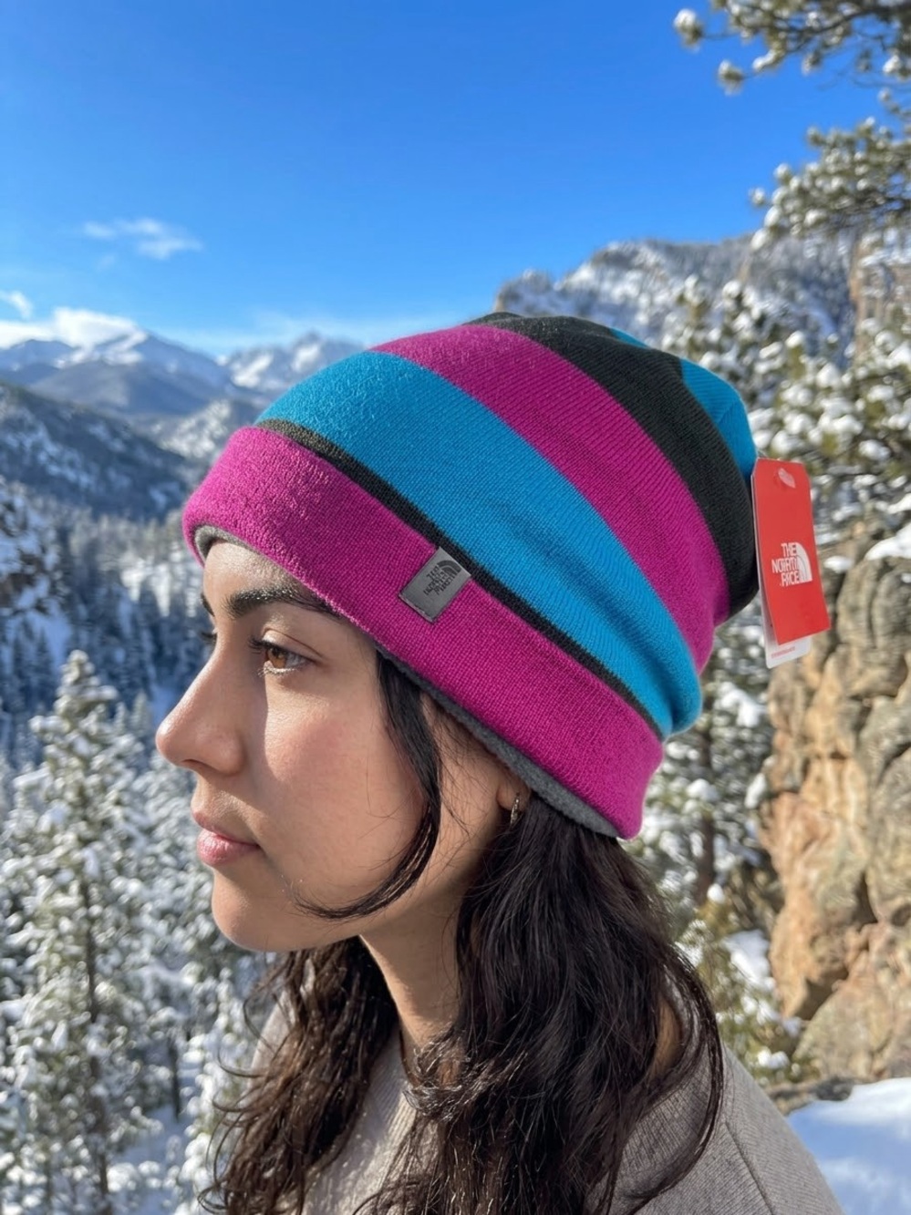 The North Face Beanie Hat Unisex Striped Knit Winter Warm Blue Pink Black NWT